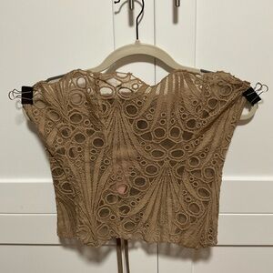 Crochet Lace Cap Sleeve Blouse in Tan